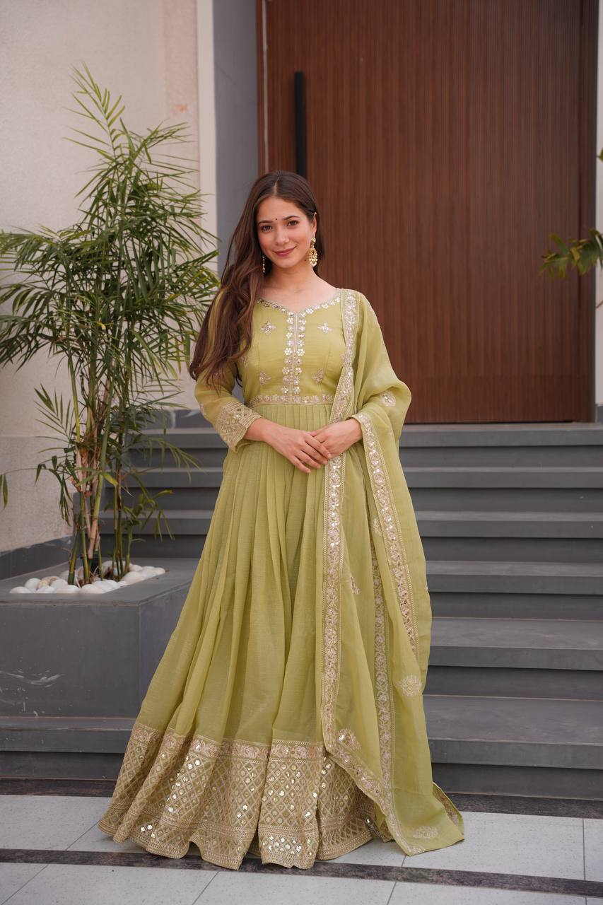 party wear designer anarkali dresses Designer Teal Anarkali Gown Set with Pant & Dupatta | Embroidered Indian Party Wear