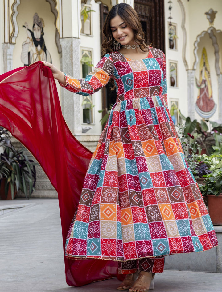 Multi Color Hand Printed Anarkali And Palazzo With Dupatta Set