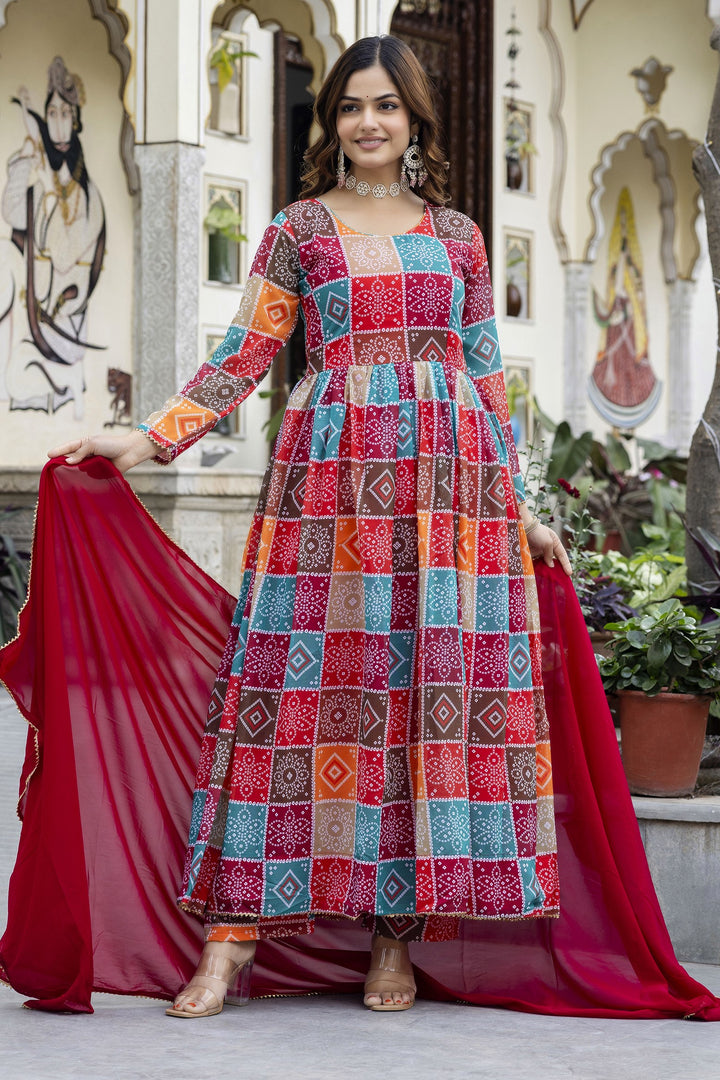 Multi Color Hand Printed Anarkali And Palazzo With Dupatta Set
