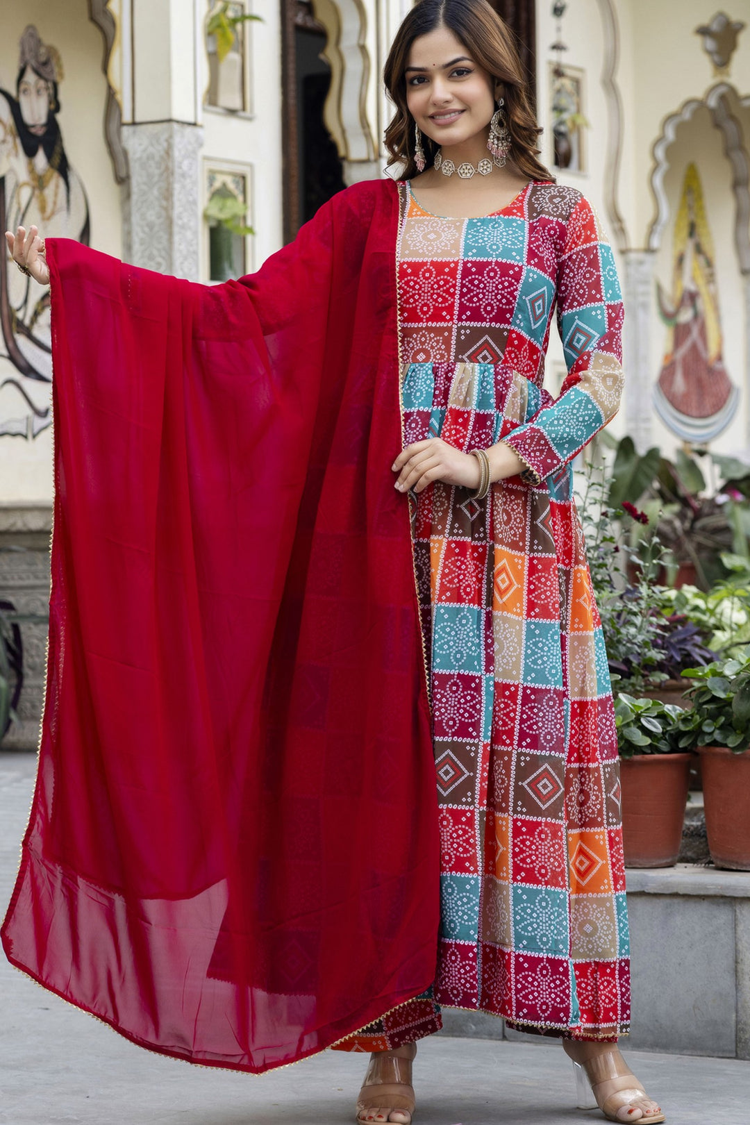 Multi Color Hand Printed Anarkali And Palazzo With Dupatta Set