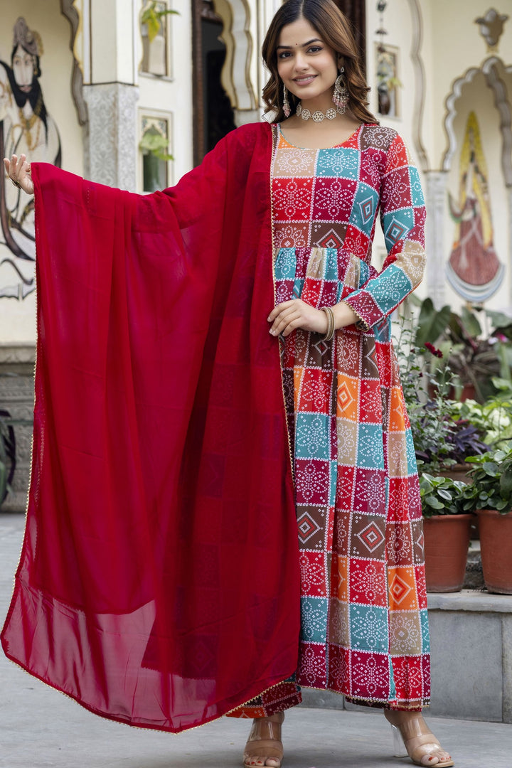 Multi Color Hand Printed Anarkali And Palazzo With Dupatta Set