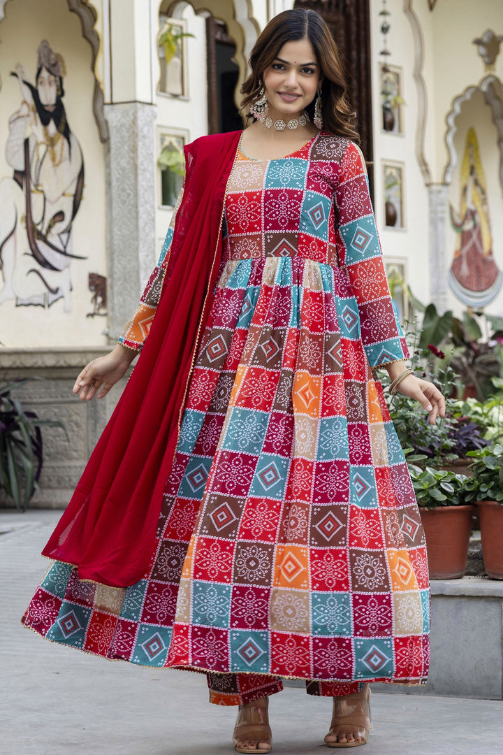 Multi Color Hand Printed Anarkali And Palazzo With Dupatta Set