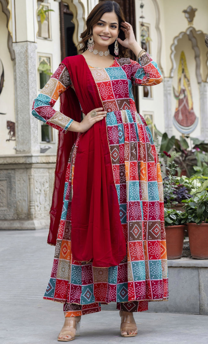 Multi Color Hand Printed Anarkali And Palazzo With Dupatta Set