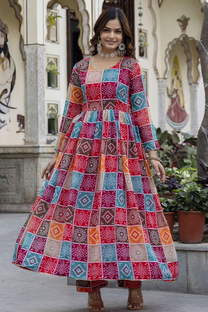 Multi Color Hand Printed Anarkali And Palazzo With Dupatta Set