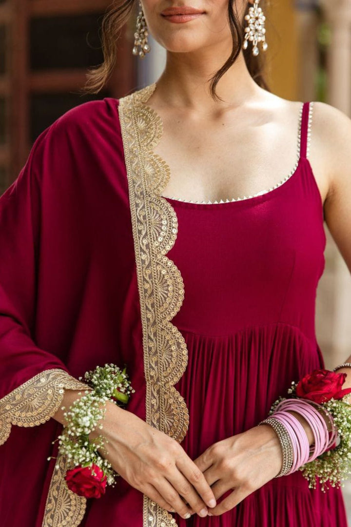 maroon color Desinger Frill Anarkali Gown