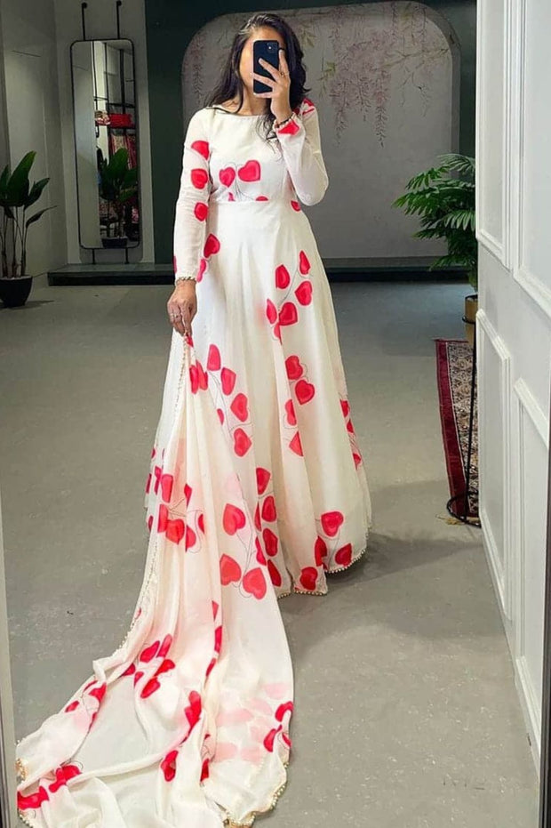 Gorgeous White Floral Printed Georgette Gown With Dupatta
