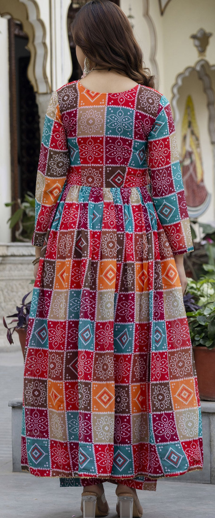 Multi Color Hand Printed Anarkali And Palazzo With Dupatta Set