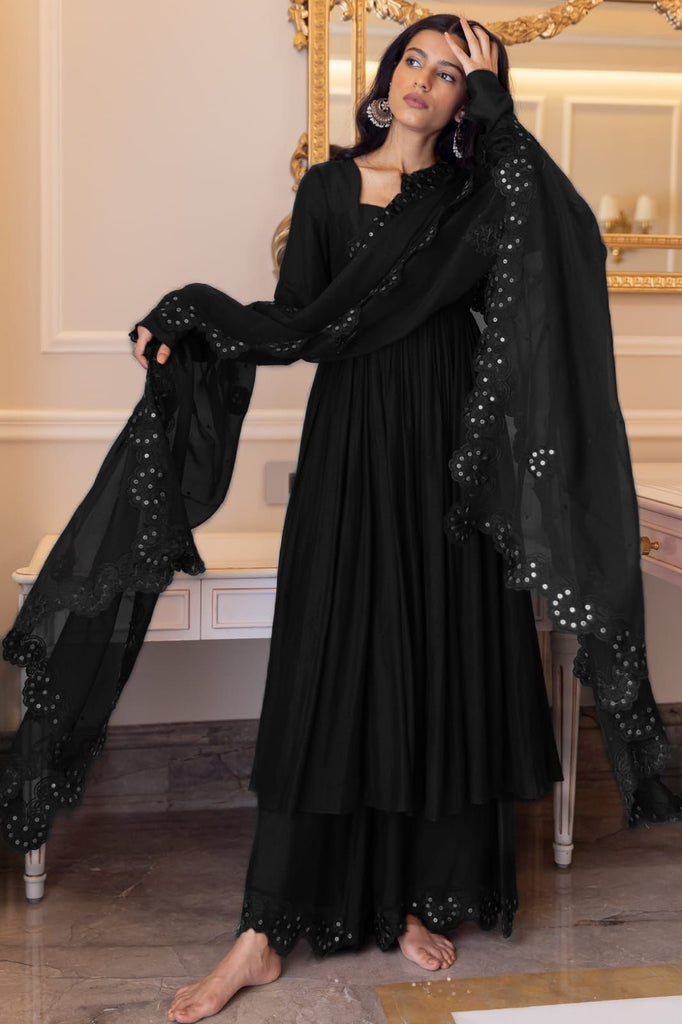 Black Color Anarkali Top With Palazzo And Dupatta – Vika Fab