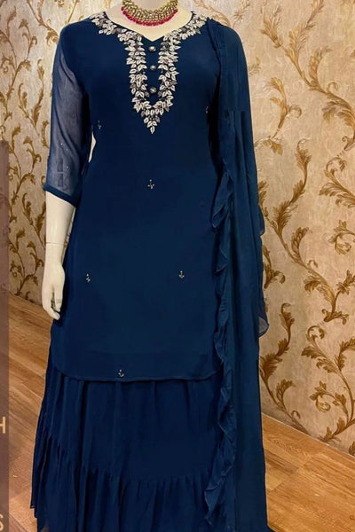 Designer Navy Blue Georgette Hand Work Top With Ghaghara And Dupatta Set