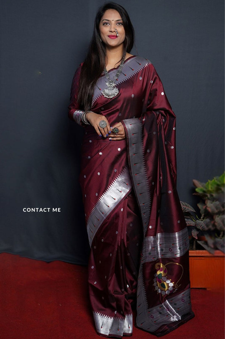 Woven Zari Soft Silk Dark Maroon Saree