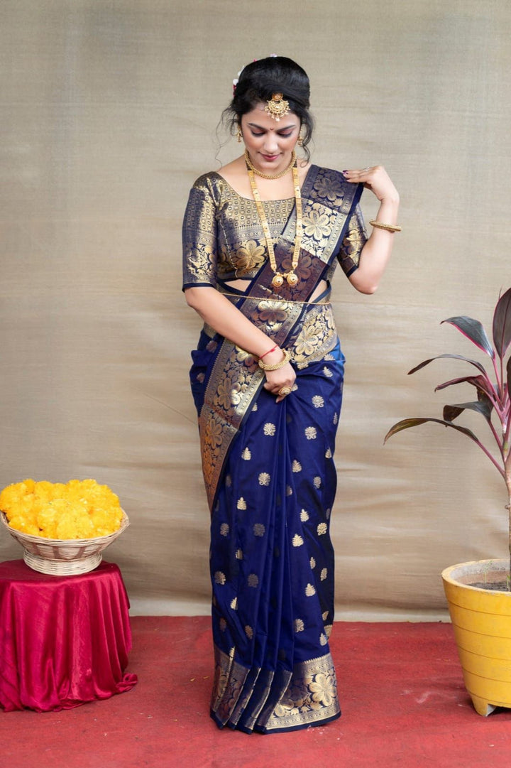 Pleasant Navy Blue Banarasi Silk Saree With Assemblage Blouse Piece