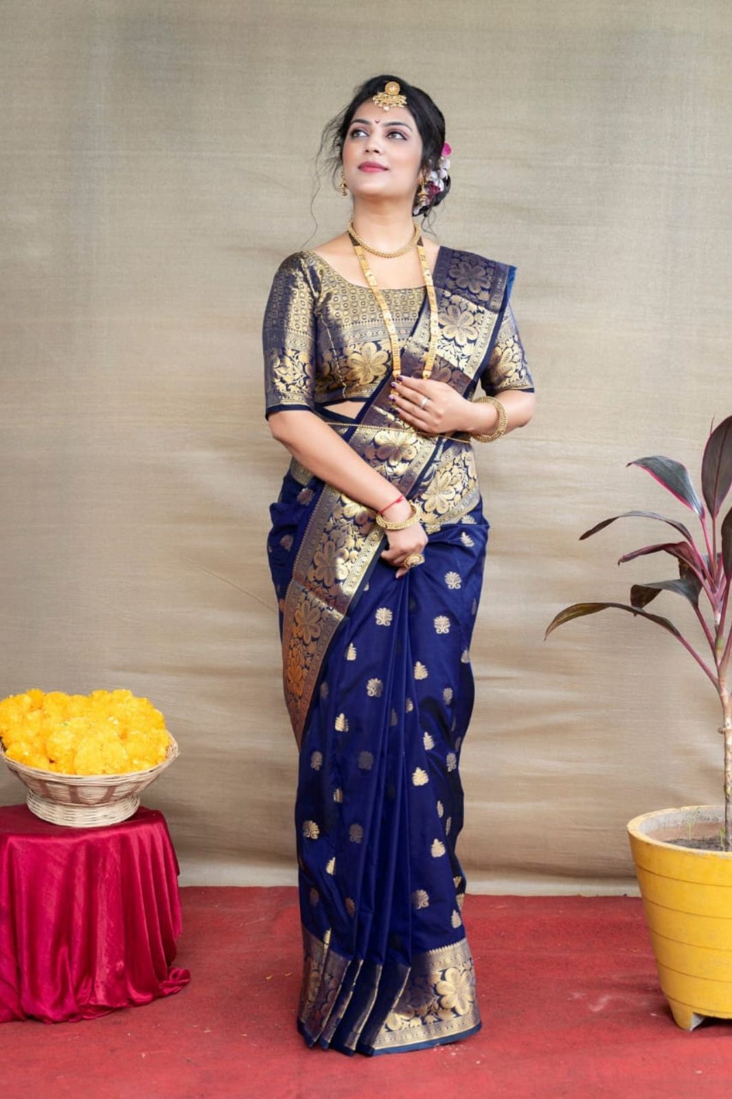 Pleasant Navy Blue Banarasi Silk Saree With Assemblage Blouse Piece