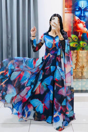 Dark Blue Butterfly All Over Print Anarkali Gown