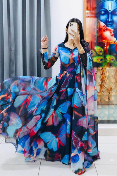 Dark Blue Butterfly All Over Print Anarkali Gown