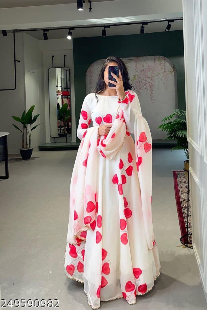 Gorgeous White Floral Printed Georgette Gown With Dupatta