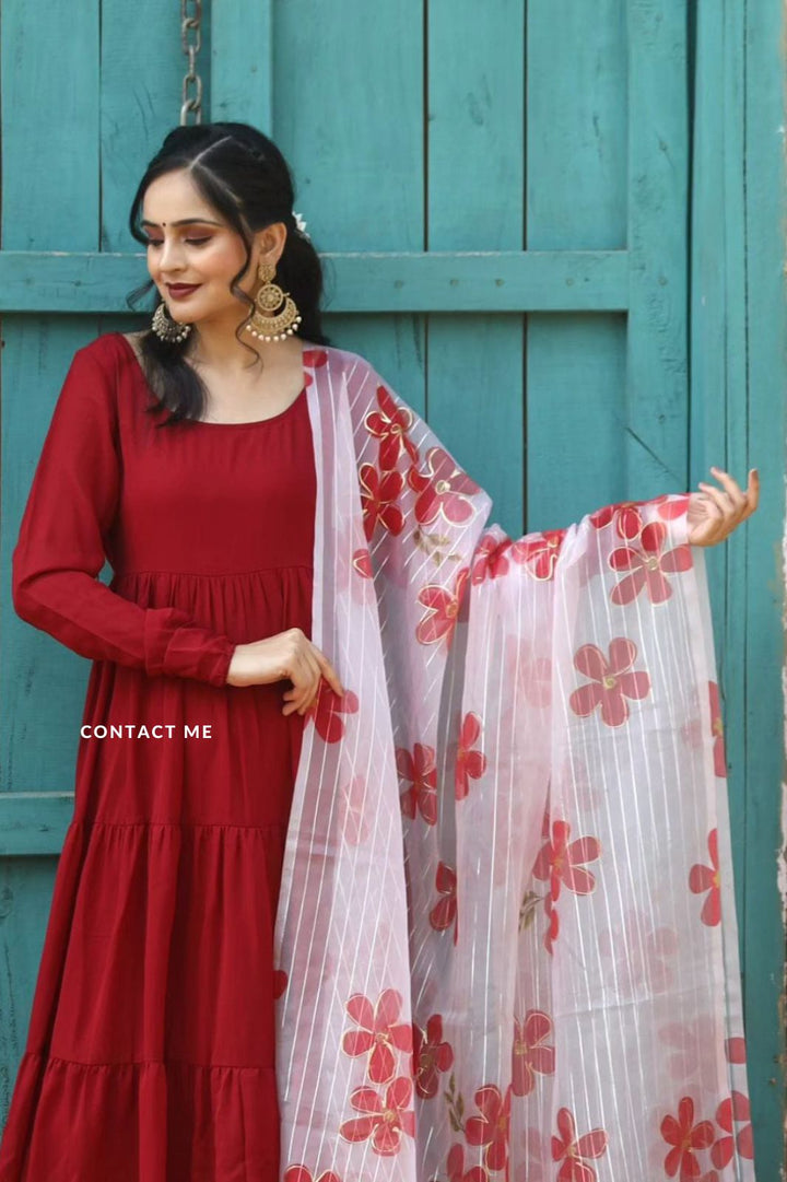 Maroon Color Plain Gown With contrace matchin dupatta
