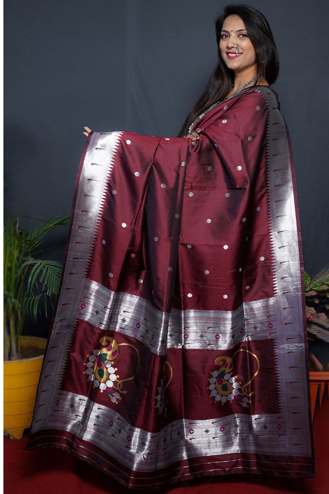 Woven Zari Soft Silk Dark Maroon Saree