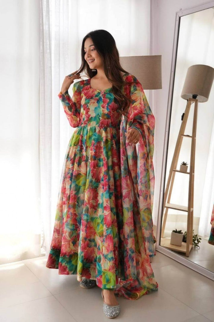 Multi Color Faux Georgette Printed Gown