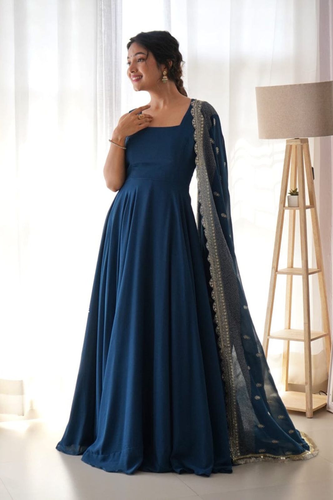 Rama Color Anarkali Gown With Embroiedary Dupatta