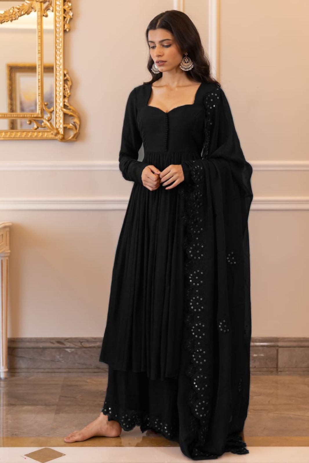 Black Dress With Heavy Dupatta Anarkali Dress Plain Black Dress