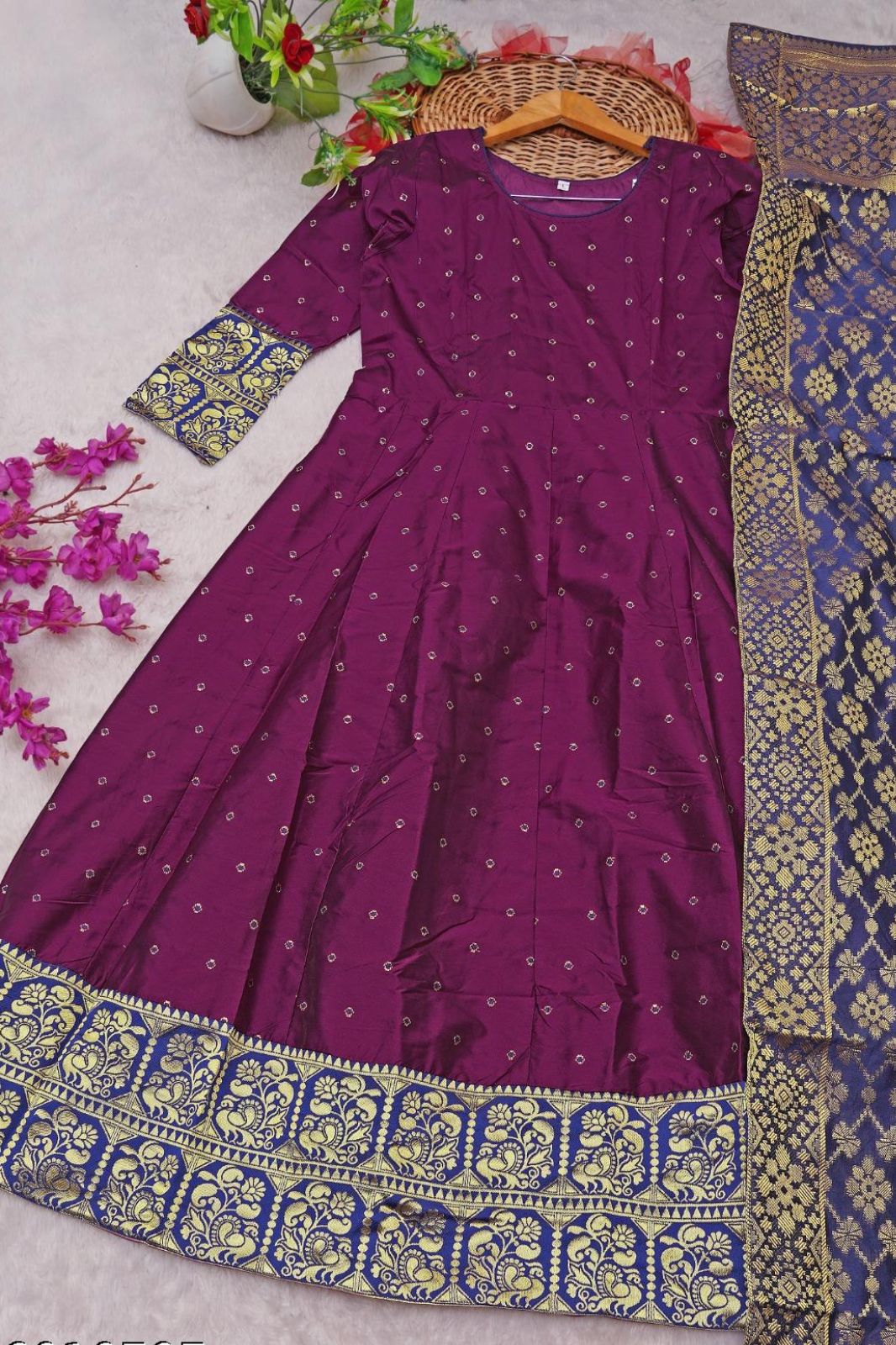 Tapeta Wine Color Anarkali Gown With jaquard Dupatta