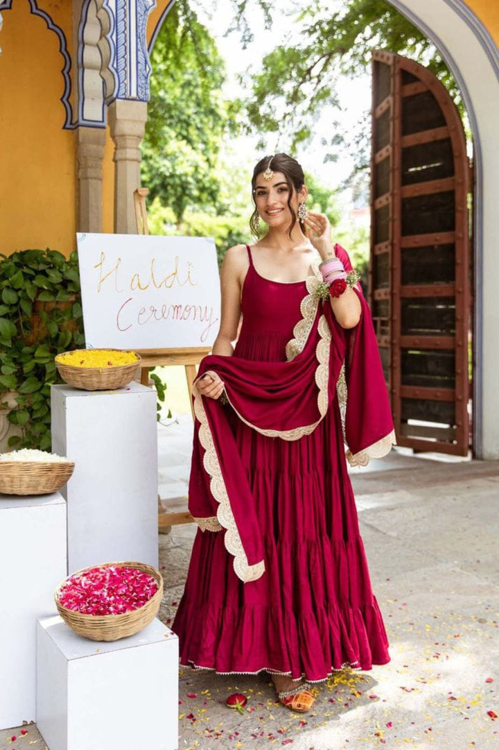 maroon color Desinger Frill Anarkali Gown