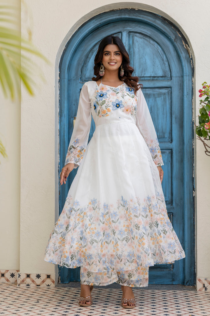 White Color Handwork with print Gown
