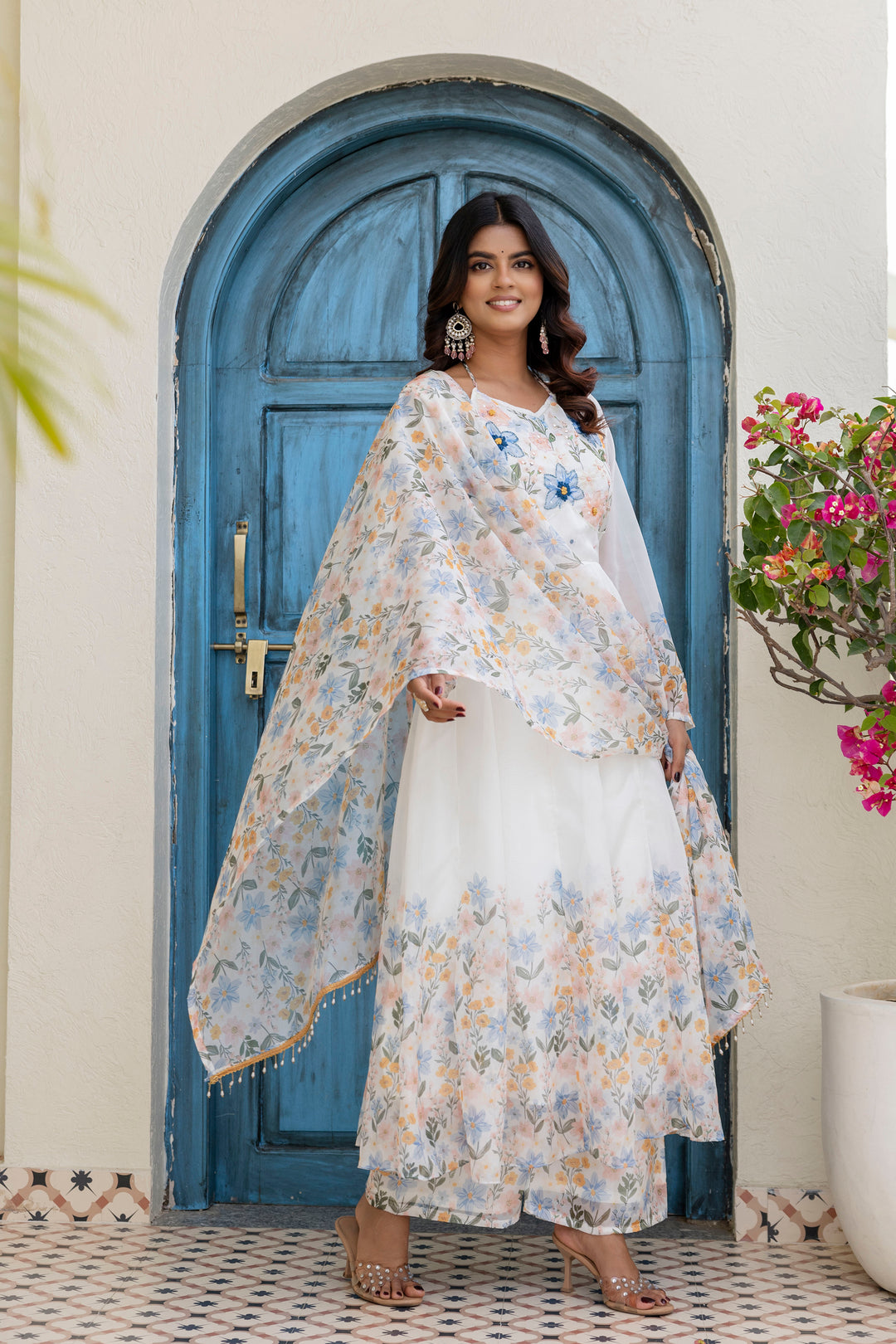 White Color Handwork with print Gown