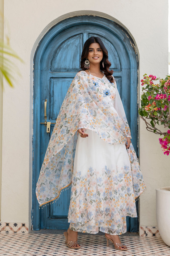 White Color Handwork with print Gown