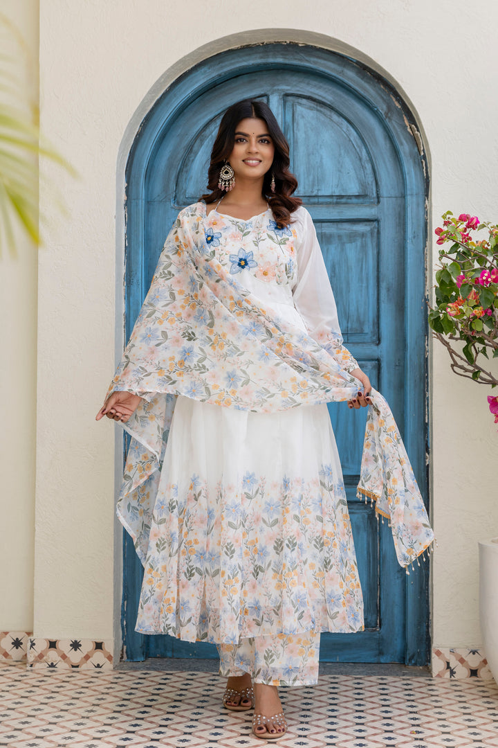 White Color Handwork with print Gown