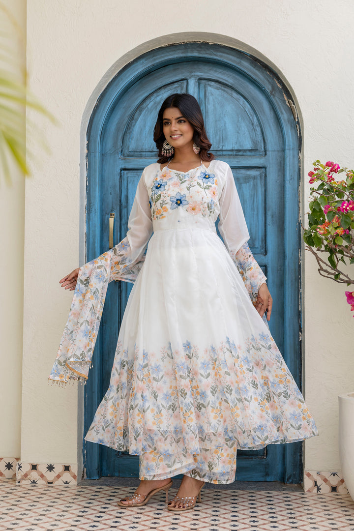 White Color Handwork with print Gown