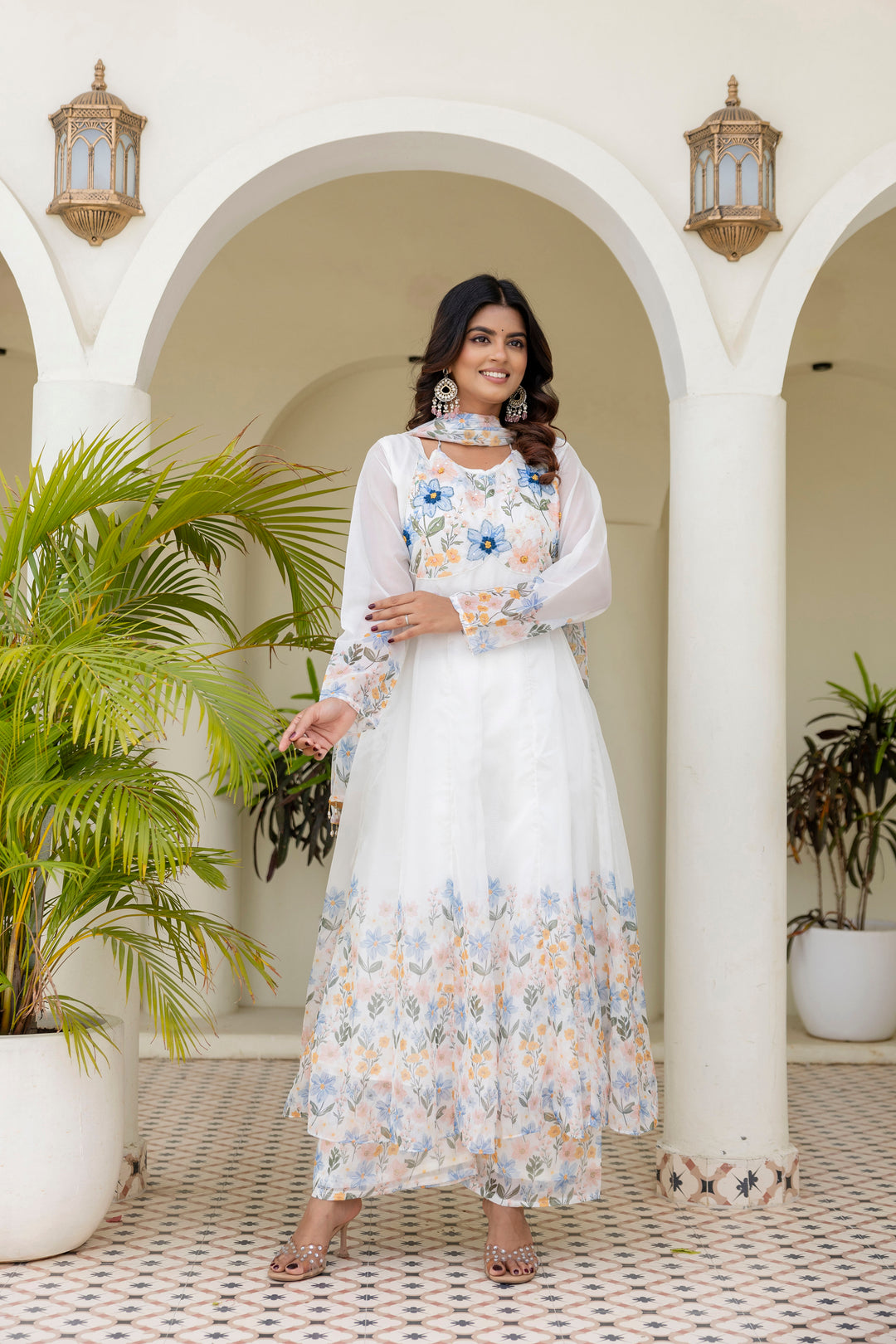 White Color Handwork with print Gown