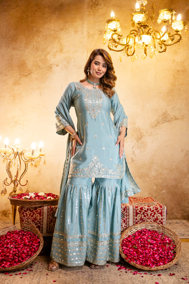 Stylish Kurti With Sarara And Dupatta Set