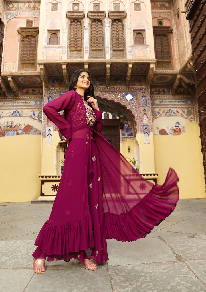 Wine Color Latest Design With Blouse, Shrug and Ghaghara set