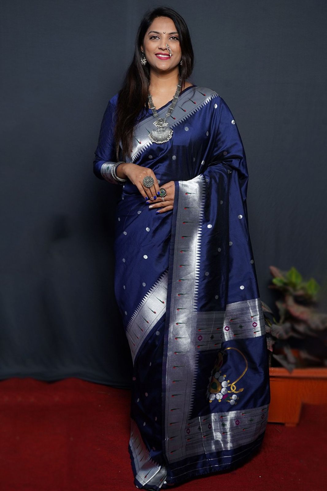 Wedding Wear Navy Blue Saree In Silk