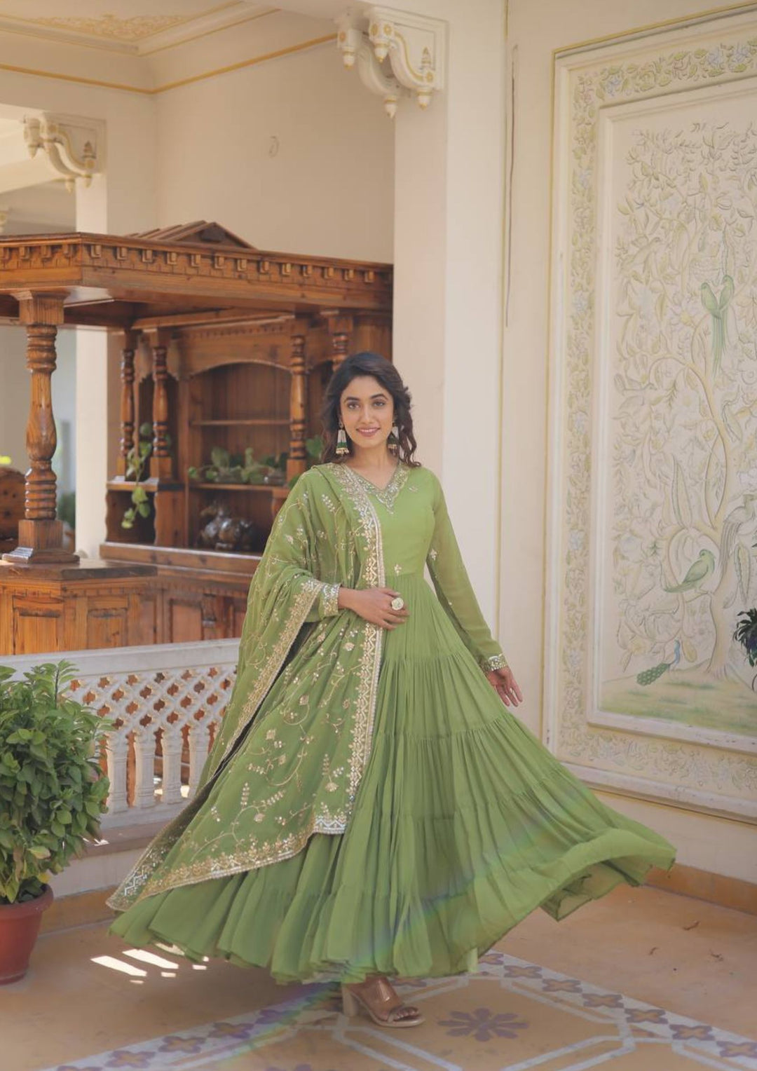 Parrot-green Color Designer  Georgette With Embroidered  Work Gown