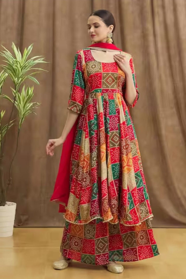 Multi Color Hand Printed  Anarkali And Palazzo With Dupatta Set