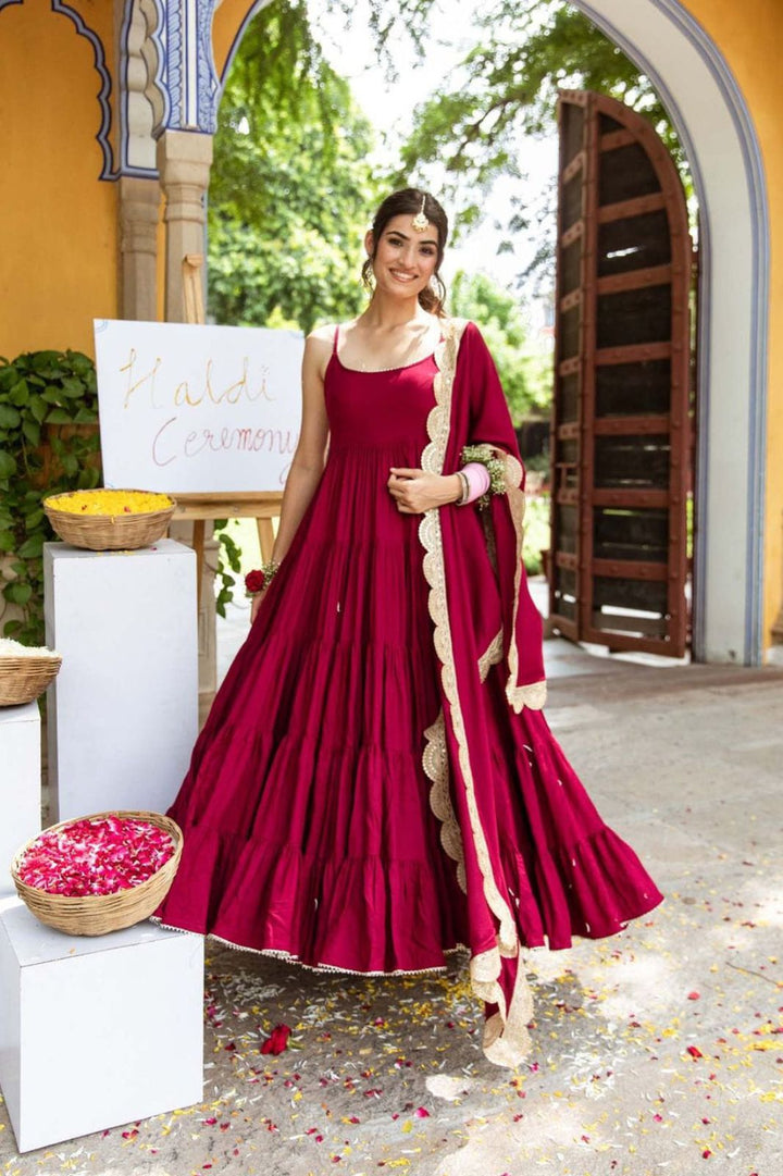 maroon color Desinger Frill Anarkali Gown