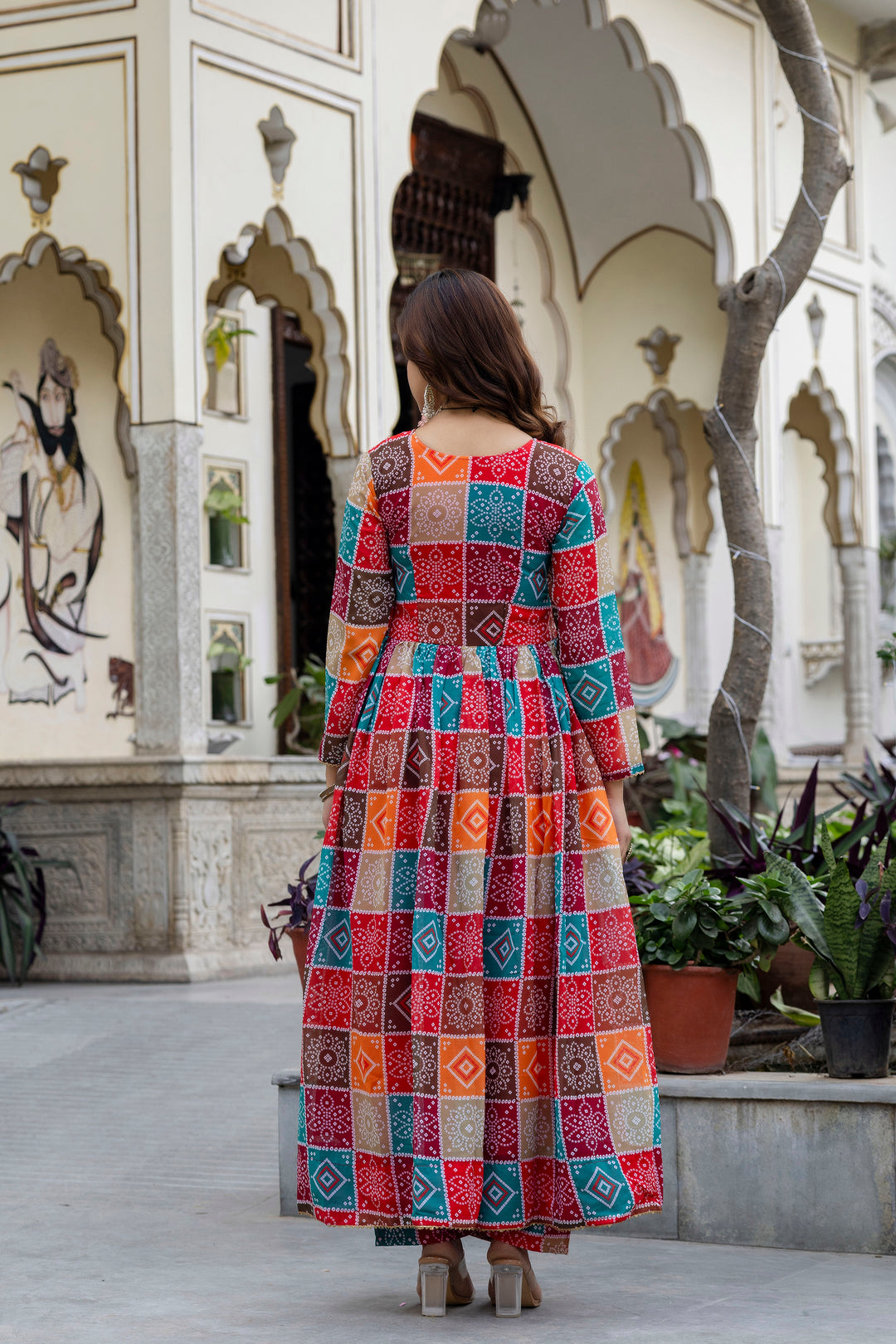 Multi Color Hand Printed Anarkali And Palazzo With Dupatta Set