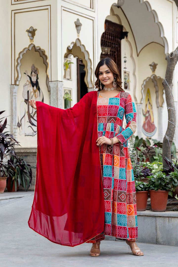 Multi Color Hand Printed Anarkali And Palazzo With Dupatta Set