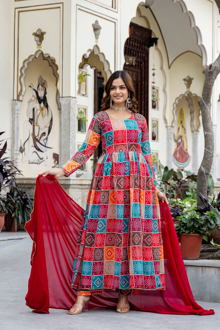 Multi Color Hand Printed Anarkali And Palazzo With Dupatta Set