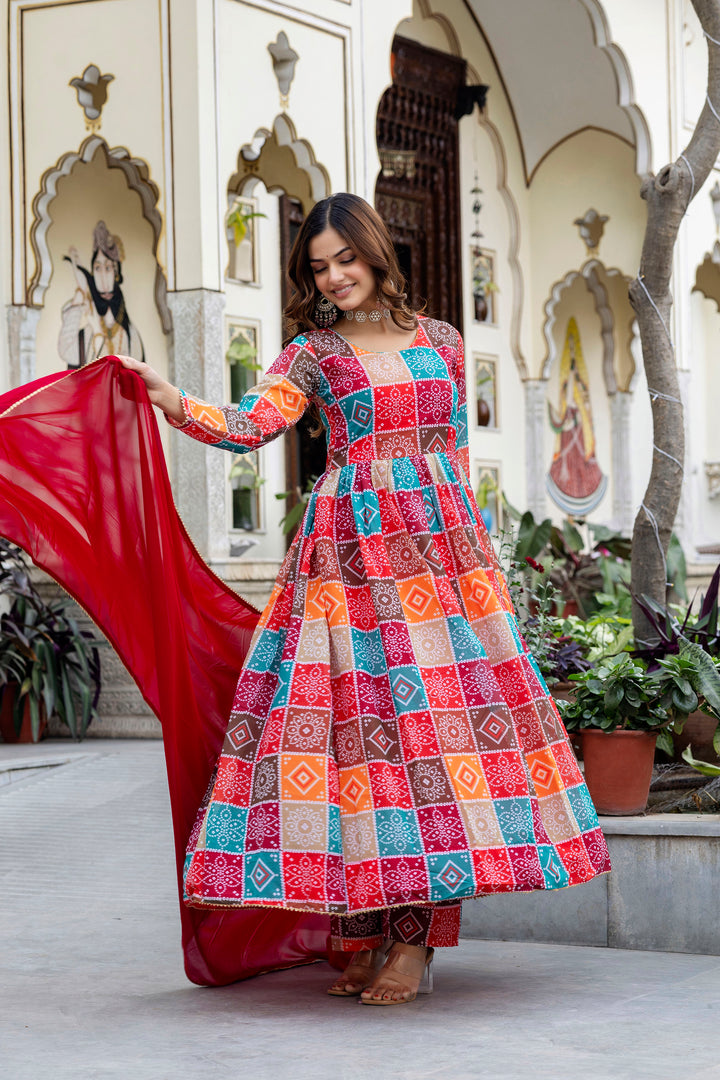 Multi Color Hand Printed Anarkali And Palazzo With Dupatta Set