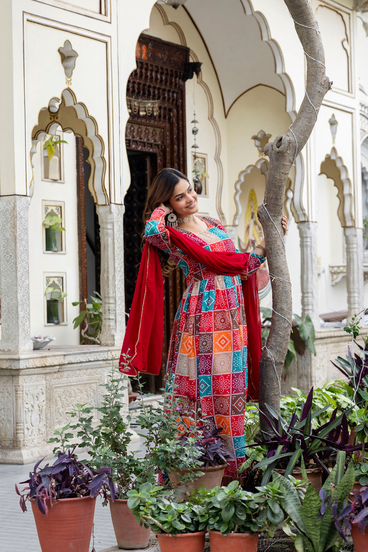 Multi Color Hand Printed Anarkali And Palazzo With Dupatta Set