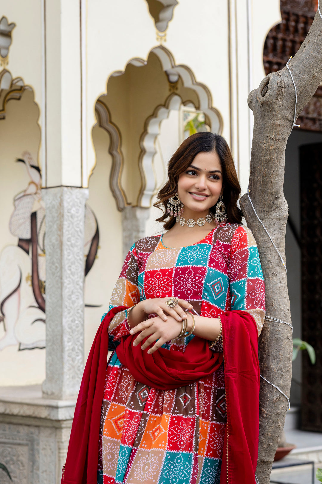 Multi Color Hand Printed Anarkali And Palazzo With Dupatta Set