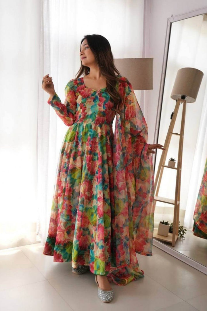 Multi Color Faux Georgette Printed Gown
