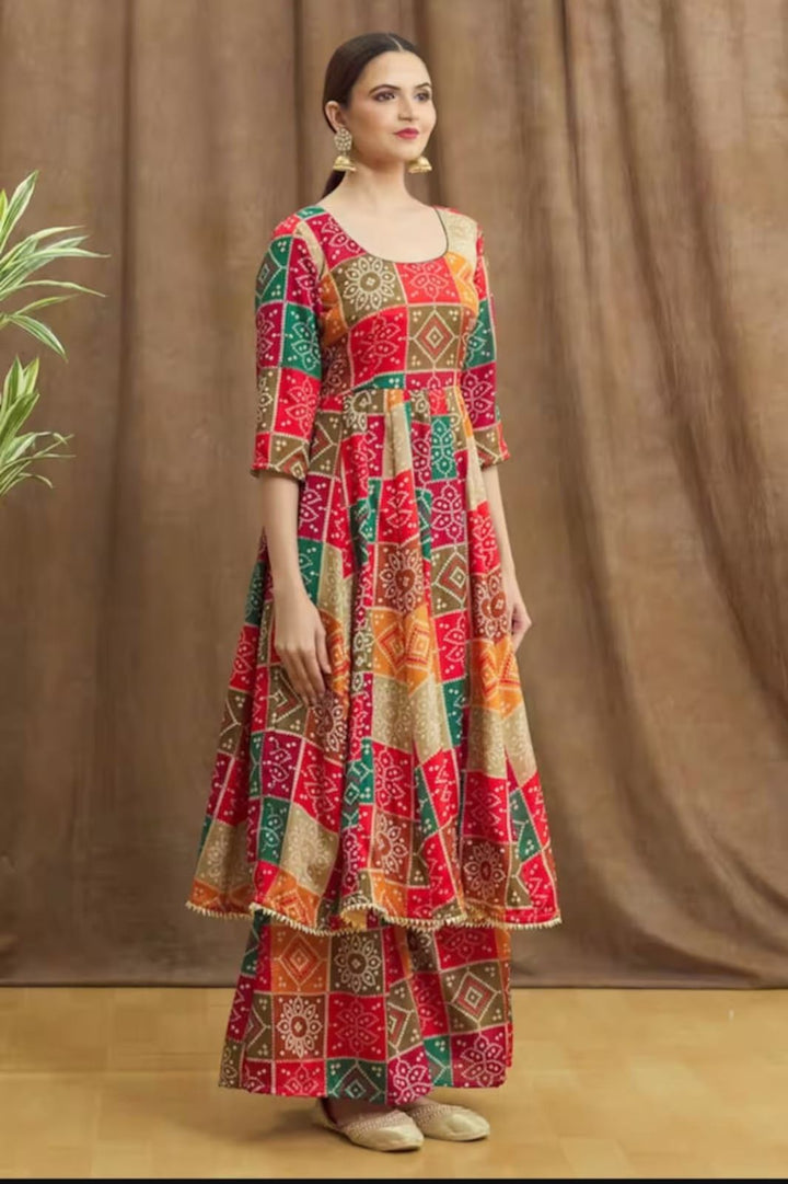Multi Color Hand Printed  Anarkali And Palazzo With Dupatta Set