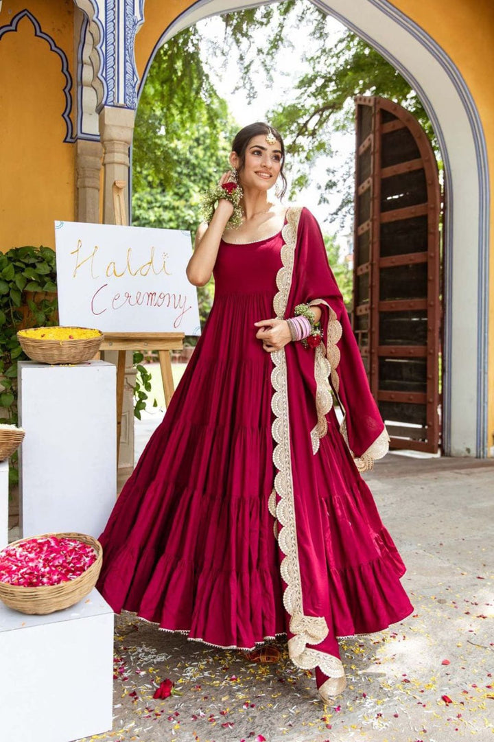 maroon color Desinger Frill Anarkali Gown