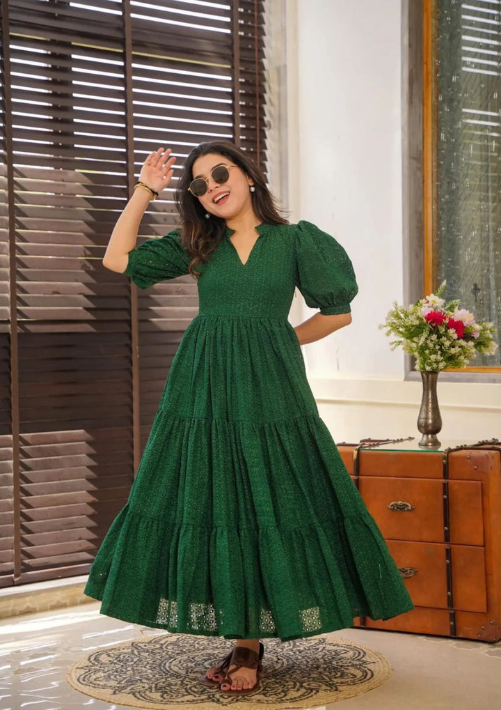 Green Color Chikankari  Anarkali Gown