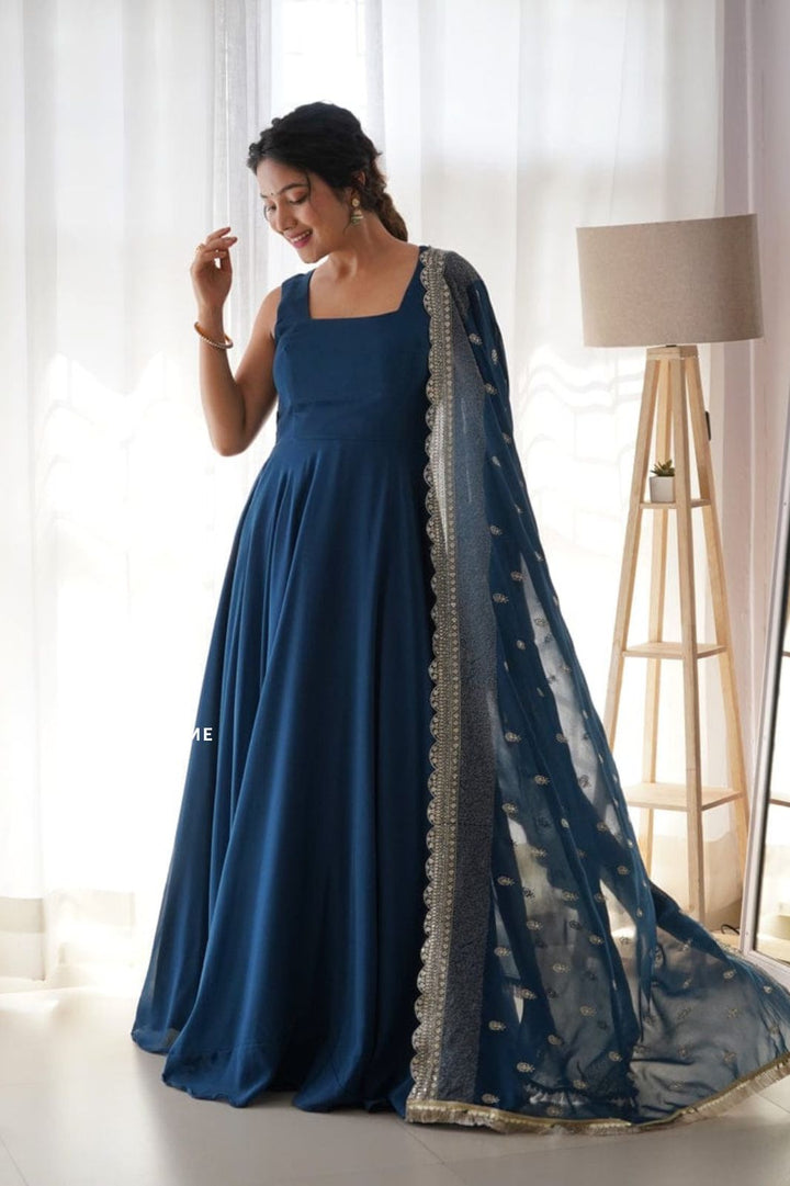 Rama Color Anarkali Gown With Embroiedary Dupatta