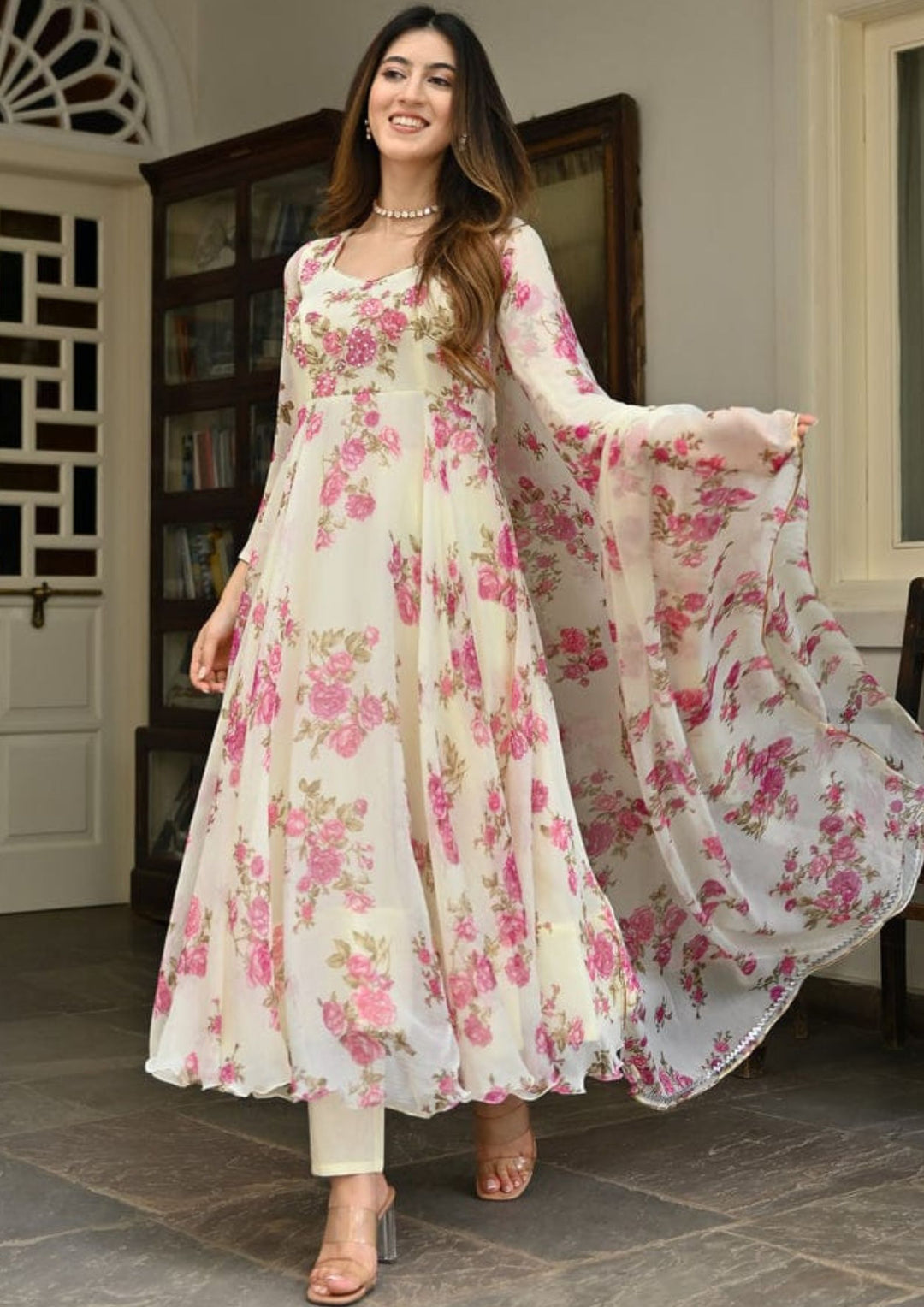 Georgette Anarakli Floral Digital Printed Gown